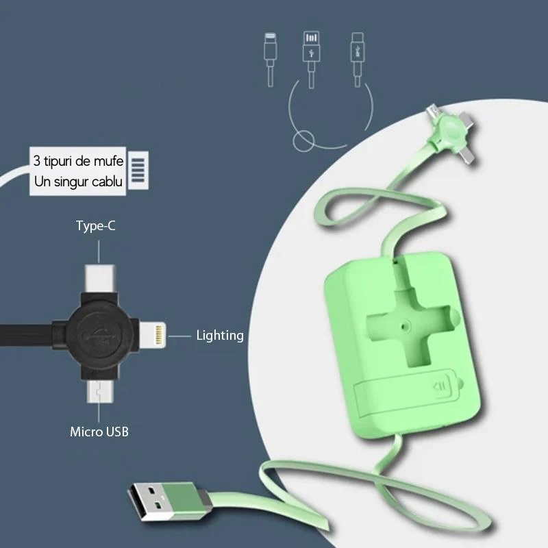 Cablu de Încărcare 3in1 Universal Retractabil, 1 Metru